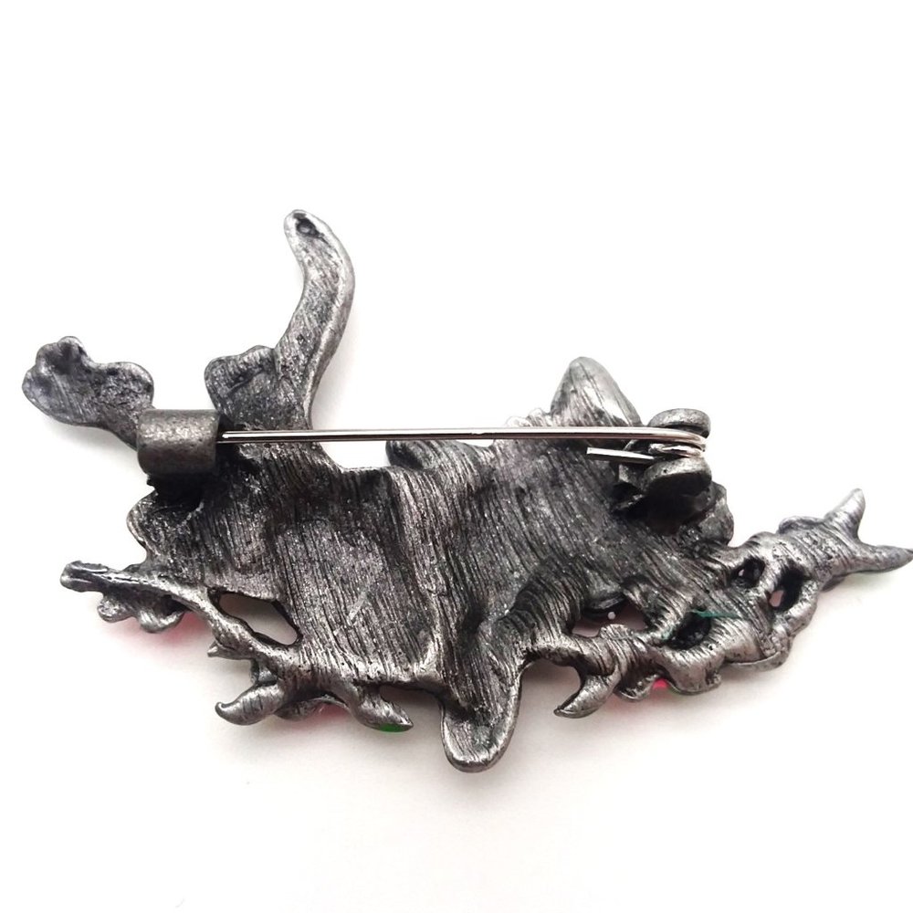 Cat Brooch Pewter Fun Whimsical Pin Stylish Kitty Pink Flowers Pet Love Fashion - Picture 3 of 4